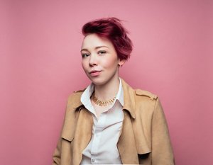 Girl with short purple and red hair 